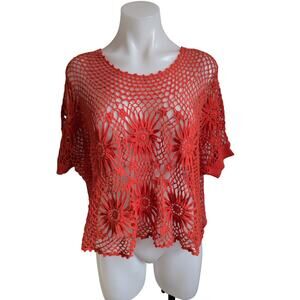 New Romantics Free People Small Crochet Blouse Orange Ramie Cotton Short Sleeves